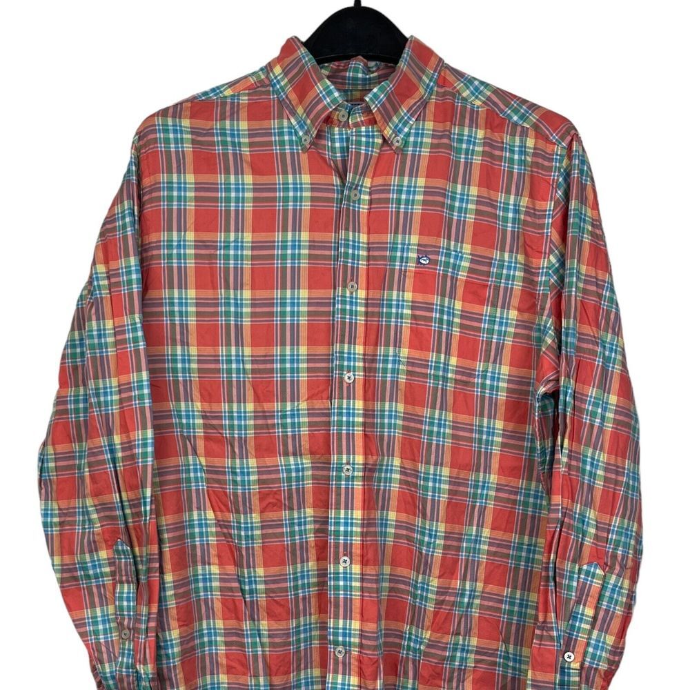 Southern Tide Mens Medium Classic Fit Cotton Long Sleeve Button Down Coral Plaid